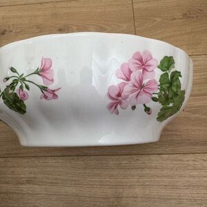 Vintage POF Porcelain Floral Serving Bowl Made in Italy Pink Flowers Scalloped